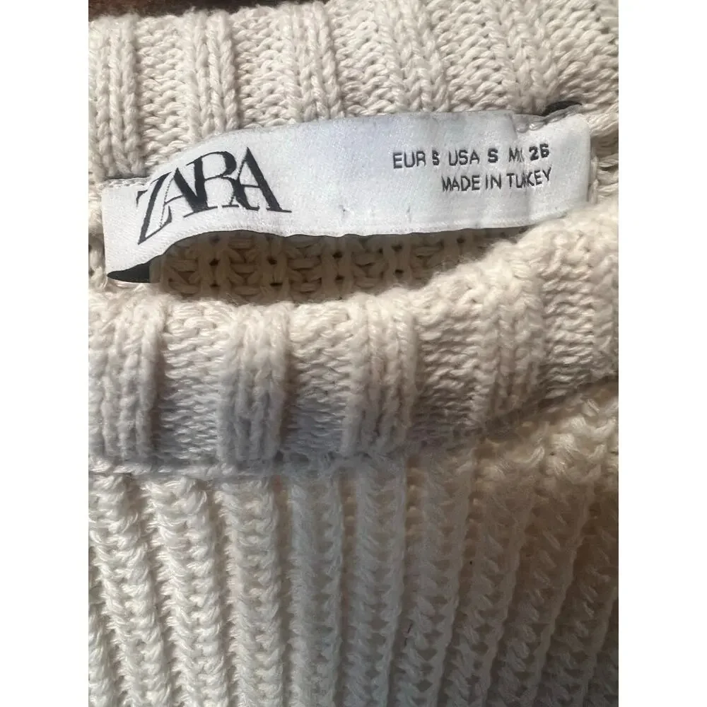 ZARA Mixed Media Ribbed Knit Sweater Vest Puff Sleeve Crop Top Cream S Preppy
